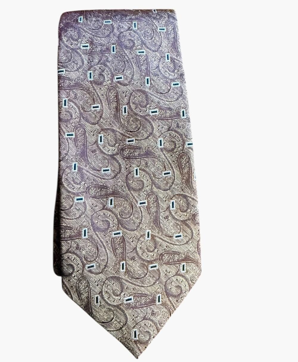 Canali Tie 100% Silk Made Italy Brown Paisley Jacquard Blue Geometric 3.25"